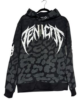 Tenaciti Black Leopard Studded Hoodie Men Sz S Streetwear Edgy Flames Sweatshirt